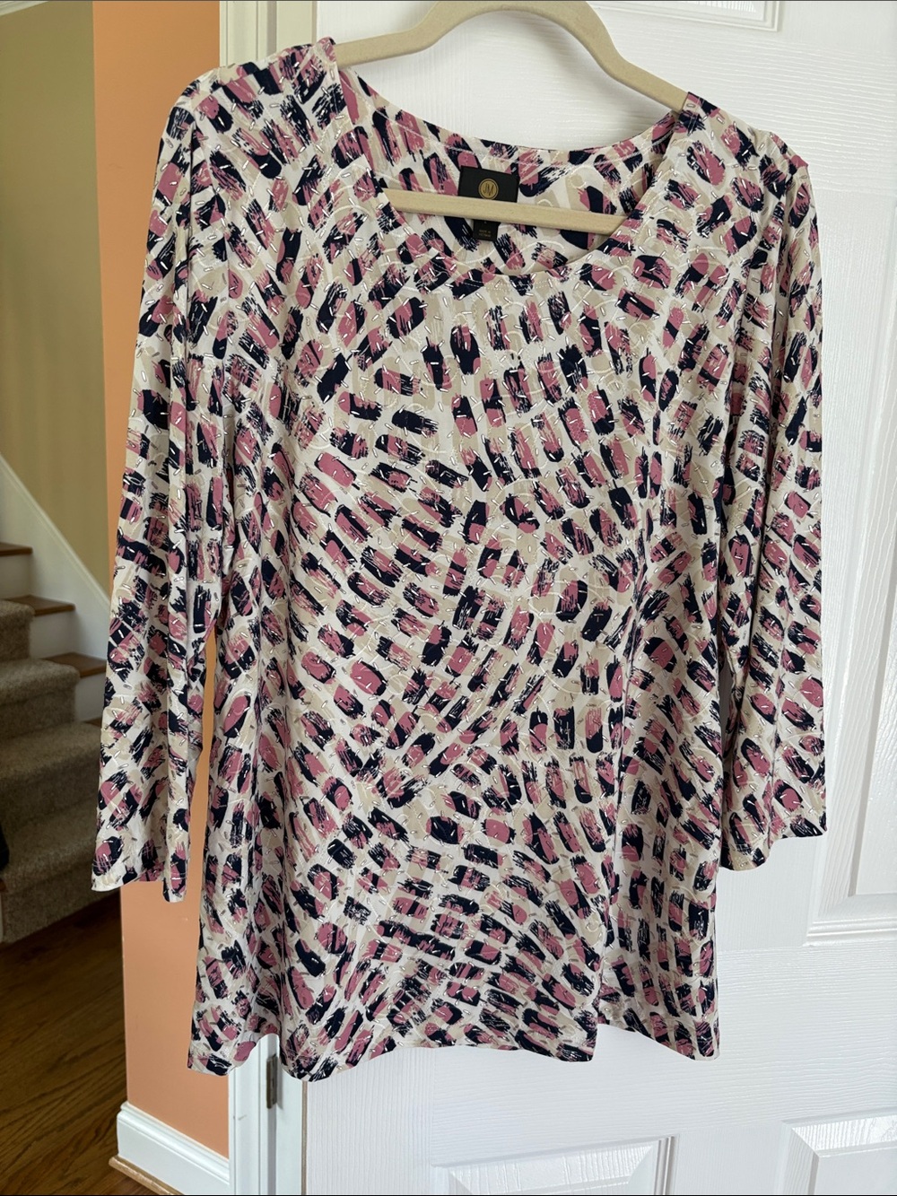 JM Collection Cream Long Sleeve Top with Pink & Black Abstract Print
